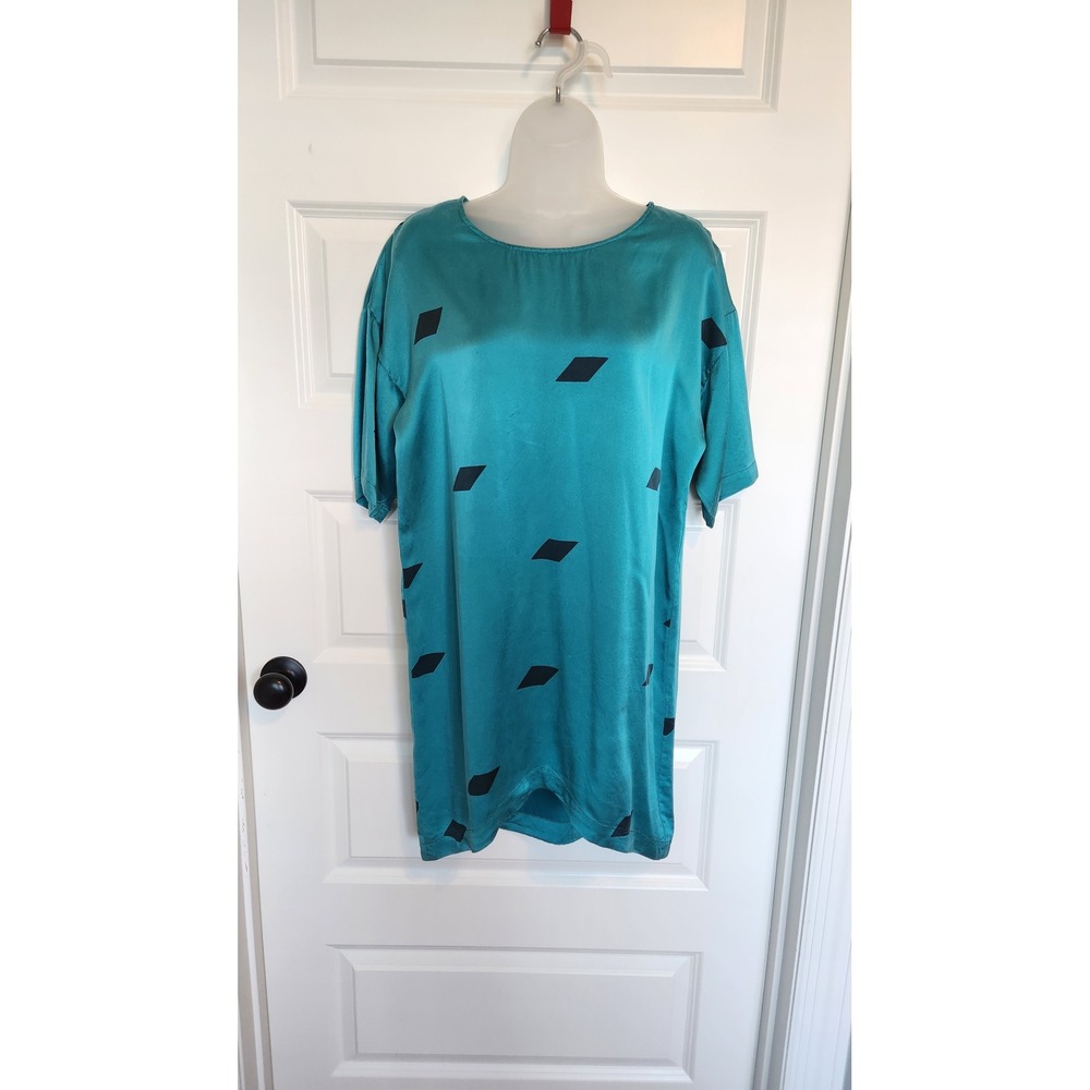 Vintage Sunshine Shadow Teal Silk Diamond Print Short Sleeve Dress Size 2 - Picture 6 of 11